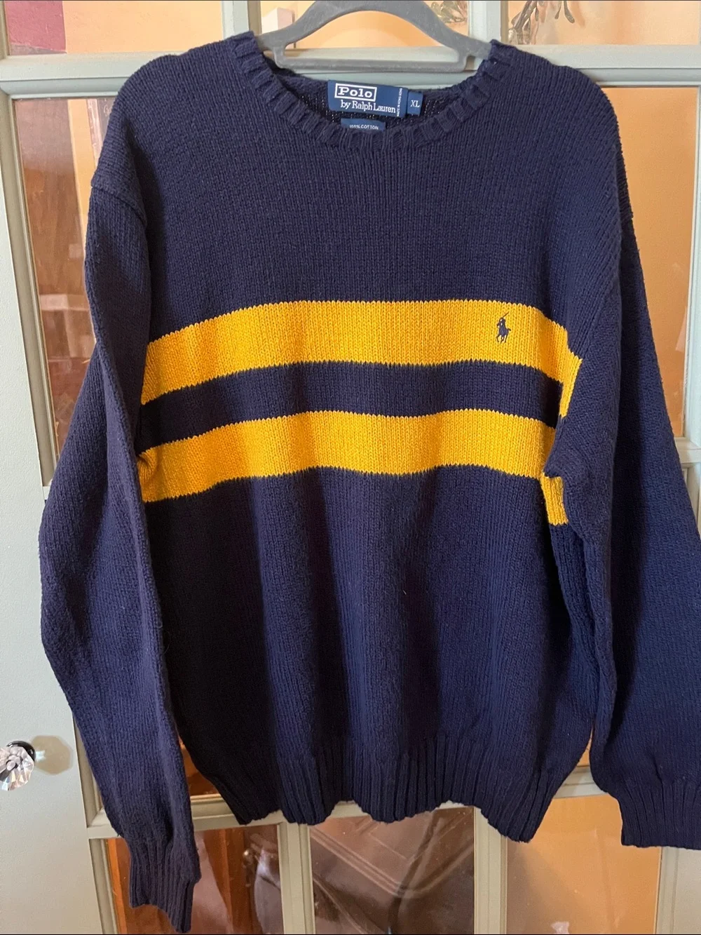 Polo by Ralph Lauren Navy Crewneck Sweater with Gold Stripes